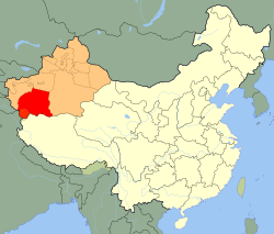 Hotan prefecture (red) (including Kunyu) in Xinjiang (orange)