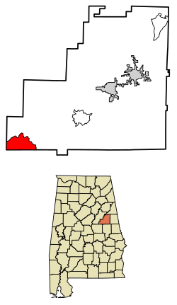 Location of Hollins in Clay County, Alabama.