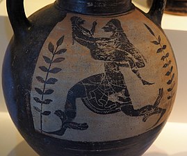Etruscan vase of Thesan (Eos) abducting Tinthu (Tithonus), circa 525–500 BC.