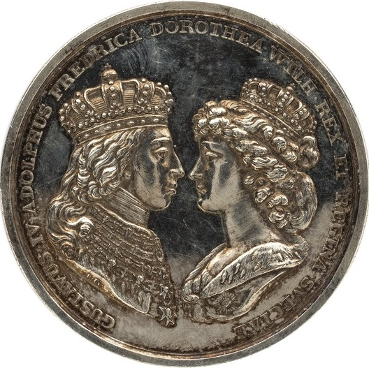 File:Framsida av medalj med bild av Gustav IV Adolf och Fredrika Wilhelmina i profil samt text - Skoklosters slott - 99537.tif