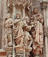 Later Gothic depiction of the Adoration of the Magi from Strasbourg Cathedral.