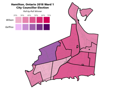 The poll-by-poll results for the Hamilton, Ontario Ward 1 city councillor election in 2018.