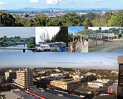 Hamilton from Till's Lookout, from Whitiora to Fairfield Bridge, traffic on SH1, Māori Garden, Hamilton Station, city offices and WINTEC