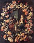 Mario Nuzzi & Carlo Maratta: Anbetung der Könige in einer Blumengirlande, 1654, Öl auf Leinwand, 75 × 61 cm, Eremitage, Sankt Petersburg