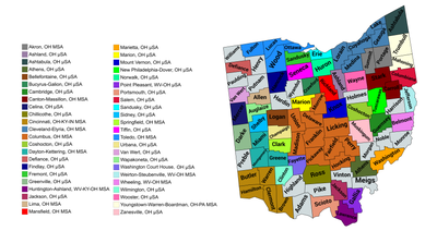 Map of the 46 core-based statistical areas in Ohio.