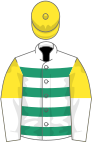 White, emerald green hoops, yellow and white halved sleeves, yellow cap