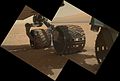 Wheels on the Curiosity rover - "Mount Sharp" is in the background (MAHLI, September 9, 2012).