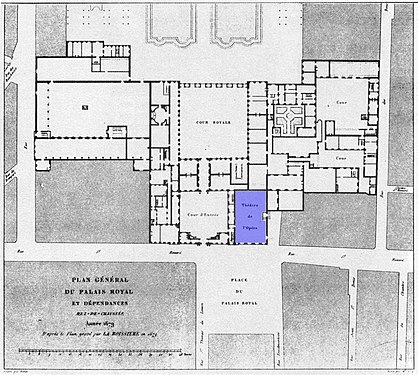 General ground-floor plan of 1679 with the Grande Salle in blue (48°51′46″N 2°20′14″E﻿ / ﻿48.862894°N 2.337255°E﻿ / 48.862894; 2.337255)