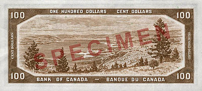 Reverse of 1954 Canadian $100 banknote based on a photograph of Nicholas Morant