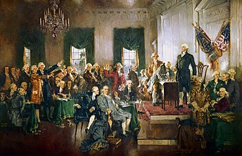 Der Maler hat alle Delegierten des Verfassungskonvents auf diesem Gemälde dargestellt. Prominent im Vordergrund steht Washington; Mason fehlt, da er die Verfassung nicht unterschrieb.