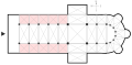 The nave-aisles in this plan view of a cathedral are shaded pink; the arcade pillars are black dots