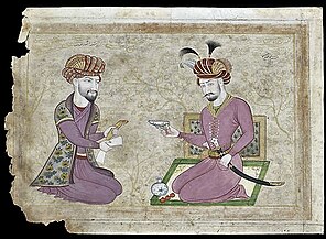 A drawing of two sitted men.
