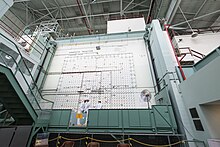 Two workmen on a movable platform similar to that used by window washers, in front of a wall with arrays of holes and many wires running across it. A sign says "Graphite Reactor loading face".