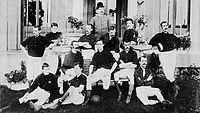 The 1888 Royal Arsenal squad, from left to right: Front row: Morris, Babour, Charteris; Seated: Brown, Connolly, Danskin; Standing: Horsington, Wilson, Beardsley, Bates (captain), McBean, Scott; Back: Parr