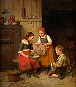 Kinder spielen mit Katzen in einer Küche by Auguste Ludwig, 1865