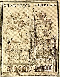The Town Hall burning during the bombardment