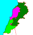 Image 30Map showing power balance in Lebanon, 1976: Dark Green – controlled by Syria; Purple – controlled by Maronite groups; Light Green – controlled by Palestinian militias (from History of Lebanon)