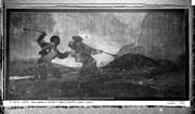 Kampf mit Knüppeln aufgenommen 1874 von J. Laurent in der Quinta del Sordo; Charles Yriarte, der die Gemälde in der Quinta besichtigte, interpretierte, dass die Duellanten auf einer Wiese und nicht knietief im Schlamm kämpften, obwohl die Unterschenkel nicht zu sehen sind.