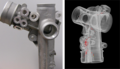 Ergebnisse einer industriellen 3D-CT; links die Fotografie des Untersuchungsobjektes (Lenkgehäuse aus Aluminium-Guss), rechts die CT-Aufnahme mit Darstellung von Poren und Einschlüssen (in rot)