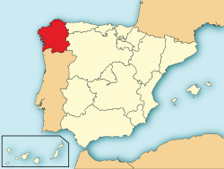 Location of the Galician State (red) within Spain (cream).