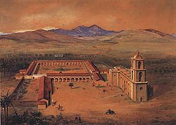 An 1894 painting by Frederick Behre features a wildly improbable steeple over the entrance of San Juan Capistrano's "Great Stone Church" (it was incorrectly believed to portray the way the church looked before the 1812 earthquake; archaeological excavations in 1938 revealed that the steeple placement as shown in the painting was impossible).[98] The landscape in the background of this painting was later modified by John Gutzon Borglum.[134] Watercolor and gouache.