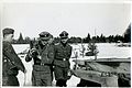 The propaganda department visits the investigation department of the Nordland Division in the Narva Front, 1944. The Swedish officer Hans-Gösta Pehrsson is on the right.