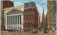Postcard with a colored drawing of two streets with a neoclassicist façade, a church, and other buildings