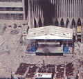 The Austin J. Tobin Plaza, with the hotel visible on the top left, during the September 11th attacks.