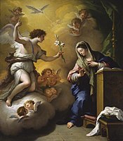 The Annunciation by Paolo de Matteis, 1712, Saint Louis Art Museum, Saint Louis. The white lily in the angel's hand is symbolic of Mary's purity[n 3] in Marian art.[12]