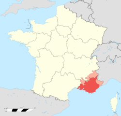 Location of the County of Provence in red over modern borders of Provence-Alpes-Côte d'Azur in pink in modern France.
