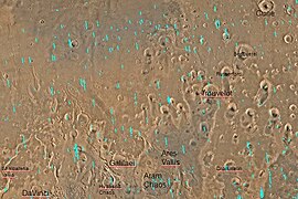 Quadrangle map of Oxia Palus labeled with major features. This quadrangle contains many collapsed areas of Chaos and many outflow channels (old river valleys). Ares Vallis is near bottom center.