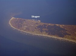 Aerial view of the Skagen Odde peninsula in the far north of Jutland, from the southwest of Skagen