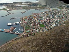Aerial view of St Pierre, the capital and largest town