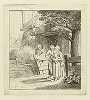 Two women and a man in front of a farmhouse