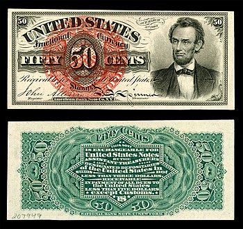 Obverse and reverse of a fifty-cent fourth-issue fractional-currency banknote