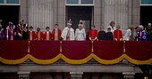 Members of the British royal family on the East Front Balcony at Buckingham Palace, 2023