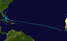 An image depicting the track of a long-lived tropical cyclone.