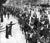 French heavy cavalry, with armour, parading in Paris before heading to the front in August 1914