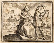 Allegory: A Spanish soldier is menacing the Dutch maiden during the Eighty Years' War, Gysius: Oorspronck ende voortgang, 1616