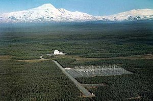 Aerial view of the HAARP site, looking towards Mount Sanford, Alaska