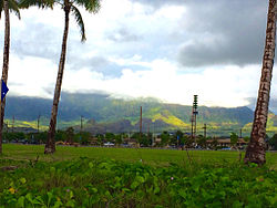 Māʻili with the Lualualei Valley and the Waianae Range in the background.