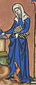 1 – From the Morgan Bible, c. 1250: the wife of Manoah wears a veil and wimple. Note striped hose.