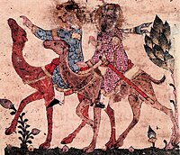 Two camel riders in Arab bedouin costumes. Maqamat, Syria, late 13th-century, British Library, Ms. Or. 9718.