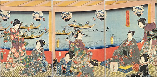 Viewing of cormorant fishing as an amusement (a woodblock print of Utagawa Kunisada, 1852)
