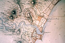 Kingdom of Singapore, with ruins of an old wall still visible in 1825 and marked on this map.