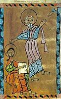 Prochorus and St John depicted in Xoranasat's gospel manuscript in 1224. Armenian manuscript.
