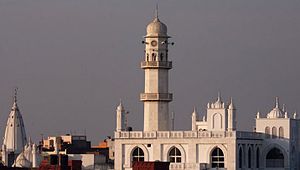 Minaret-ul-Masih of Aqsa Mosque located alongside a Mandir and Gurudwara is one of the major landmarks of Qadian