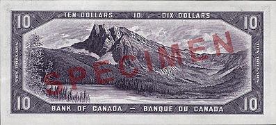 Reverse of 1954 Canadian $10 banknote based on a photograph of Nicholas Morant
