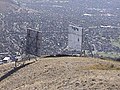The two microwave radio reflectors directly below the summit. They were removed in late 2013.