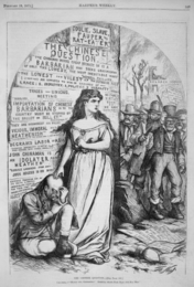 A defiant Columbia in an 1871 Thomas Nast cartoon shown protecting a defenseless Chinese man from an angry Irish lynch mob that has just burned down an orphanage